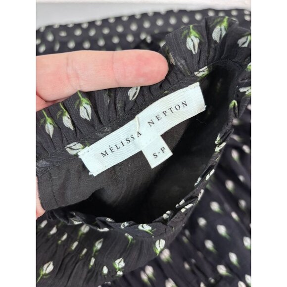 Melissa Nepton women's small black floral Robe Mona peasant smocked mini dress‎ - Picture 9 of 10